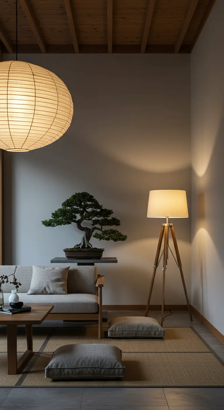 Japandi woonkamer met grote papieren lantaarn, bonsai en een driepootlamp.