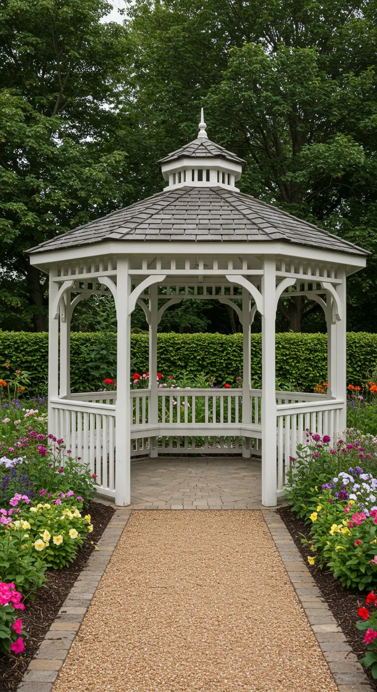 Klassiek wit houten prieel (gazebo) in een bloemrijke tuin.