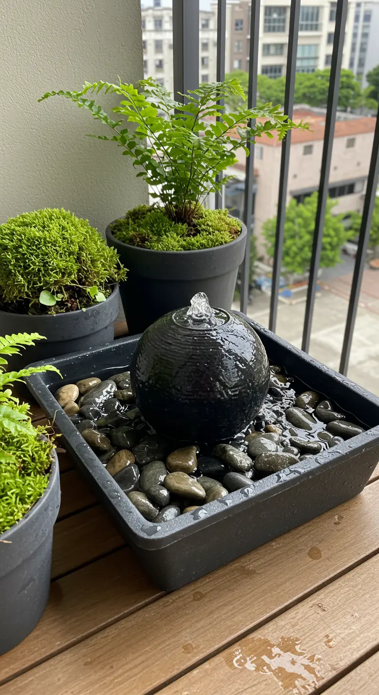 Kleine zwarte bolvormige fontein in een bak met stenen op een houten balkontafel.
