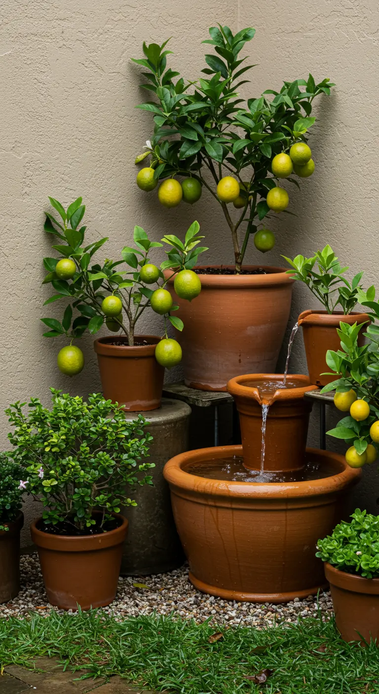 Een tuinhoek met diverse citrusplanten en een kleine terracotta fontein.