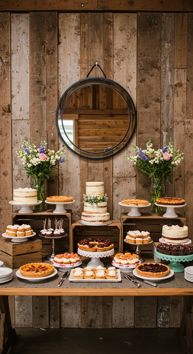 Dessertbuffet met taarten tegen een houten wand, met een grote ronde spiegel erboven.