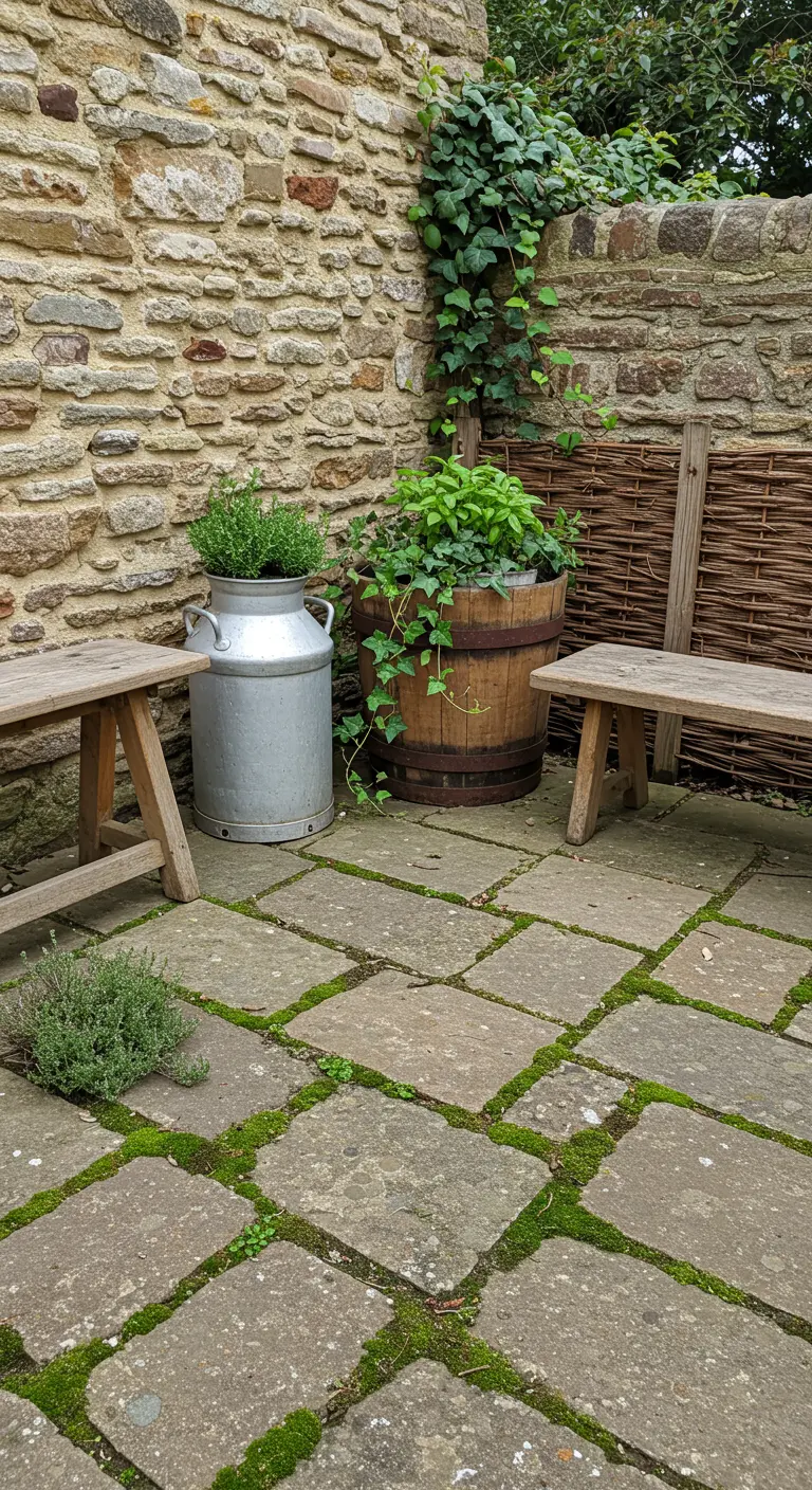 Rustiek zithoekje met verweerde houten bankjes, een oude melkbus en planten in een houten ton.