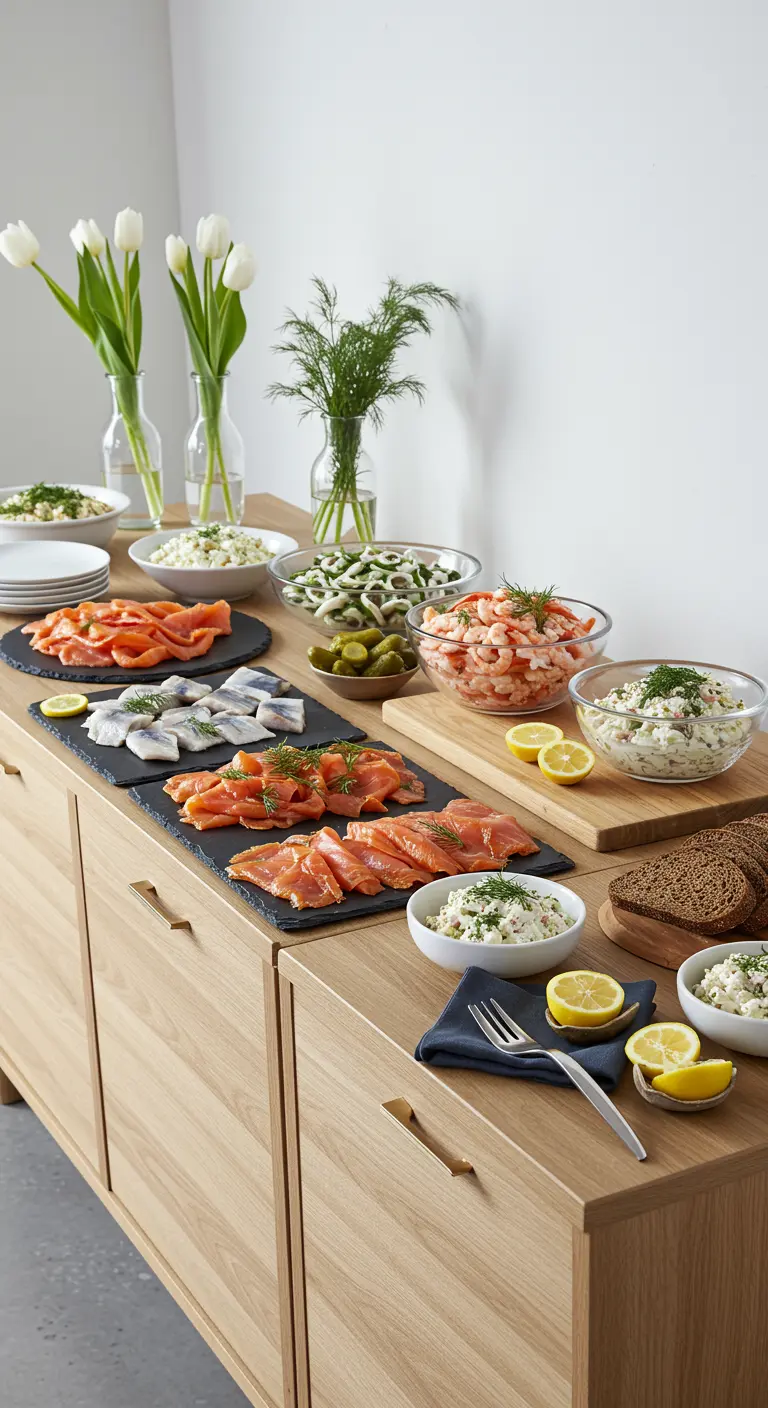 Houten dressoir met een buffet van zalm, haring, garnalen en salades.