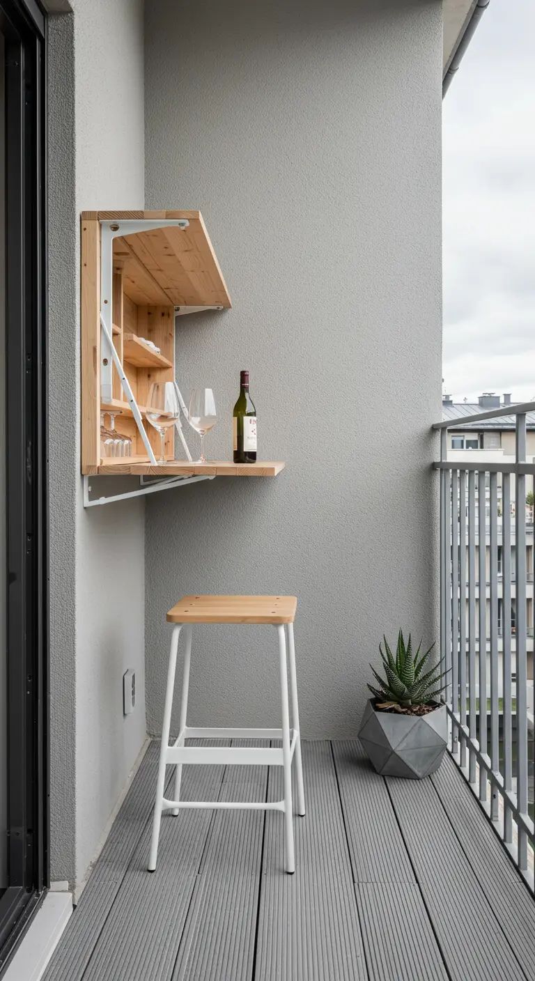 Minimalistische opklapbare houten bar aan een grijze muur met een witte barkruk.