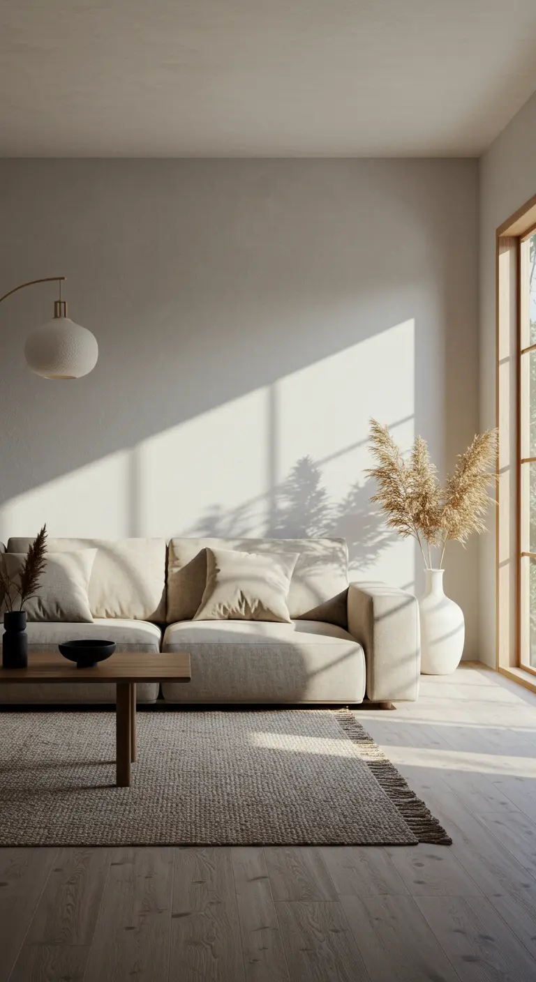 Serene woonkamer met beige bank, krijtwitte muren en een booglamp. Zonlicht valt door het raam.