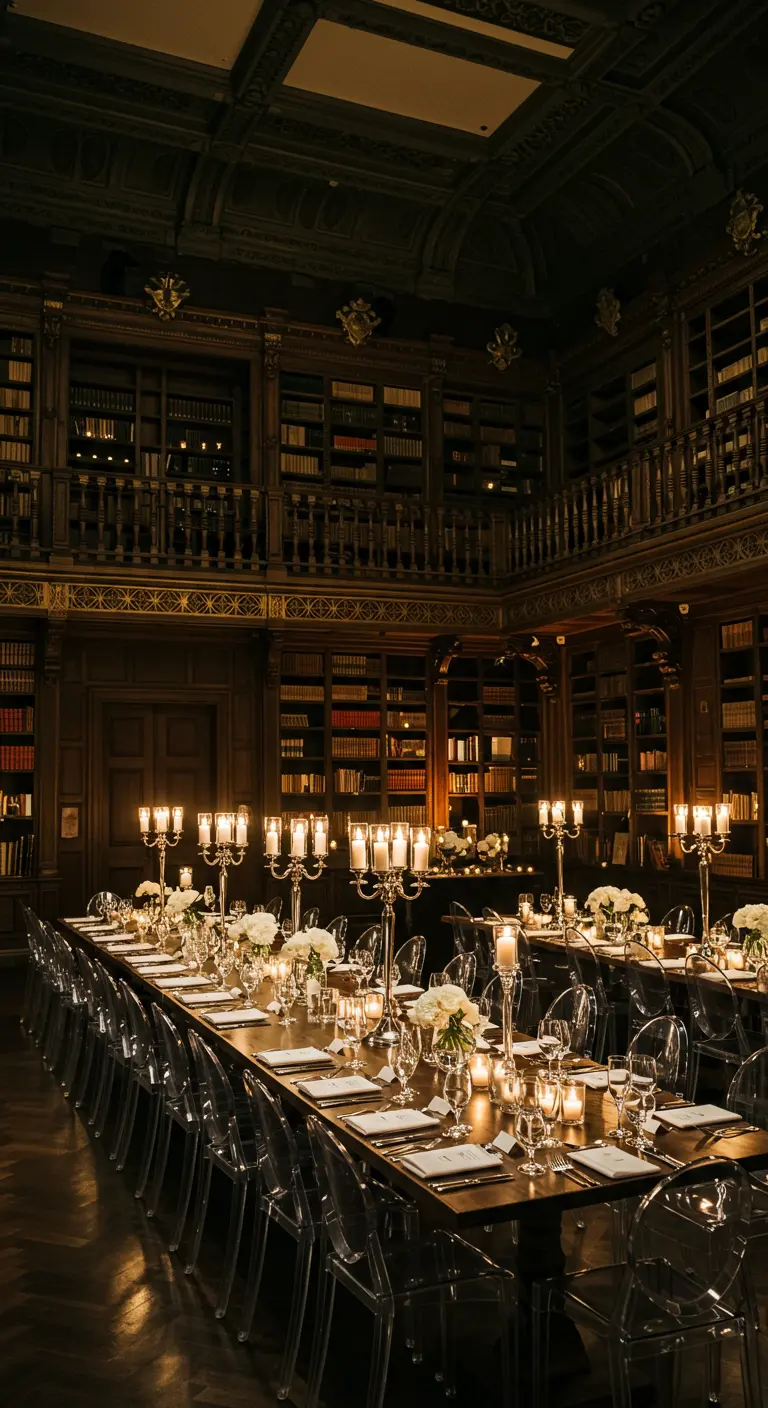 Diner in een klassieke bibliotheek met lange tafels en moderne transparante stoelen.