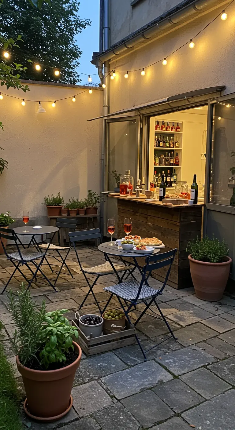 Buitenterras in de avond met lichtslingers en een geïmproviseerde bar bij een open raam.