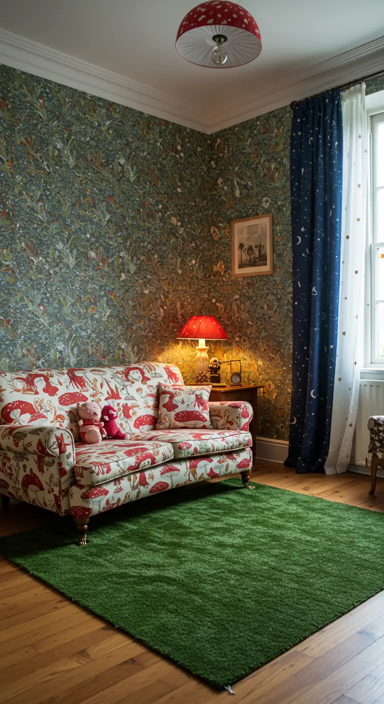 Fantasierijke woonkamer met een bank met paddenstoelprint en een grasgroen tapijt.