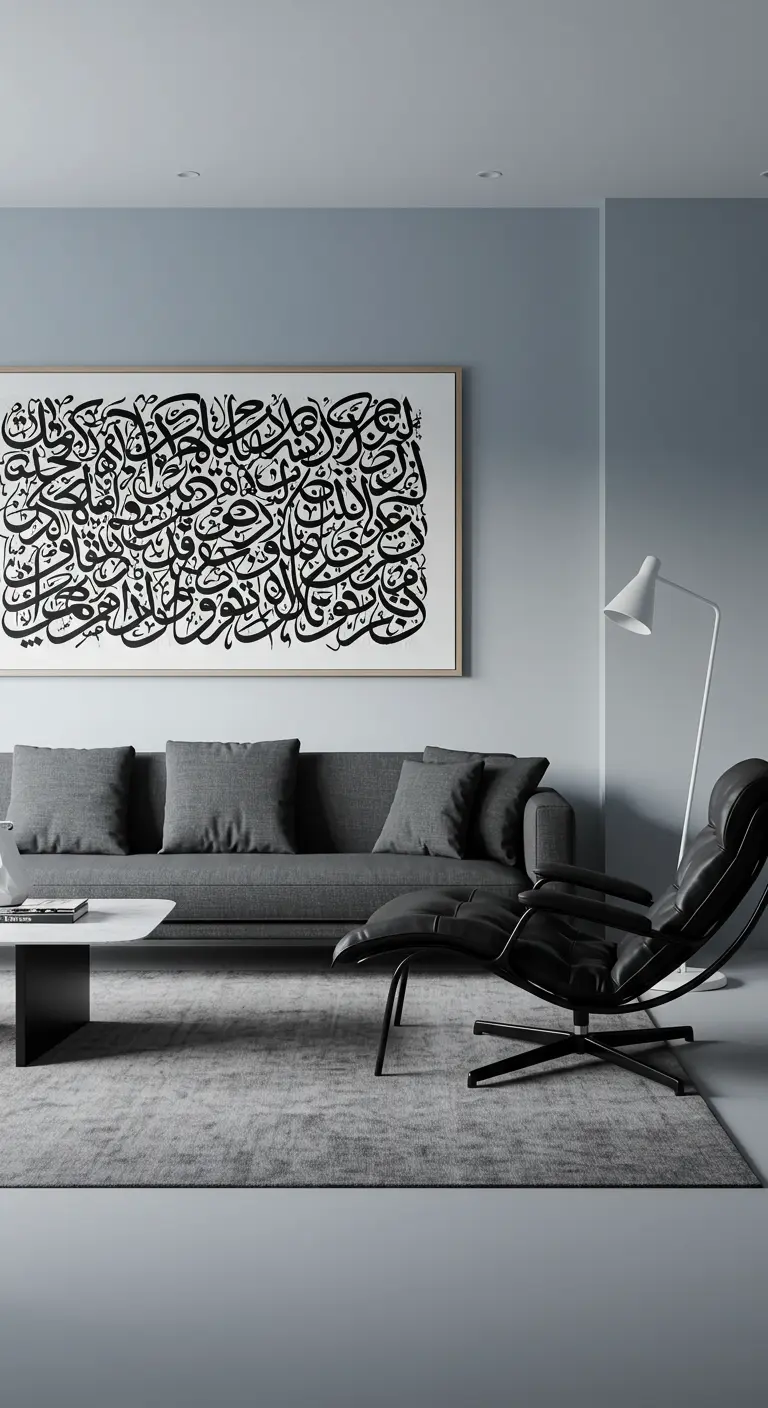 Grijze woonkamer met een groot abstract kalligrafie kunstwerk boven de bank.