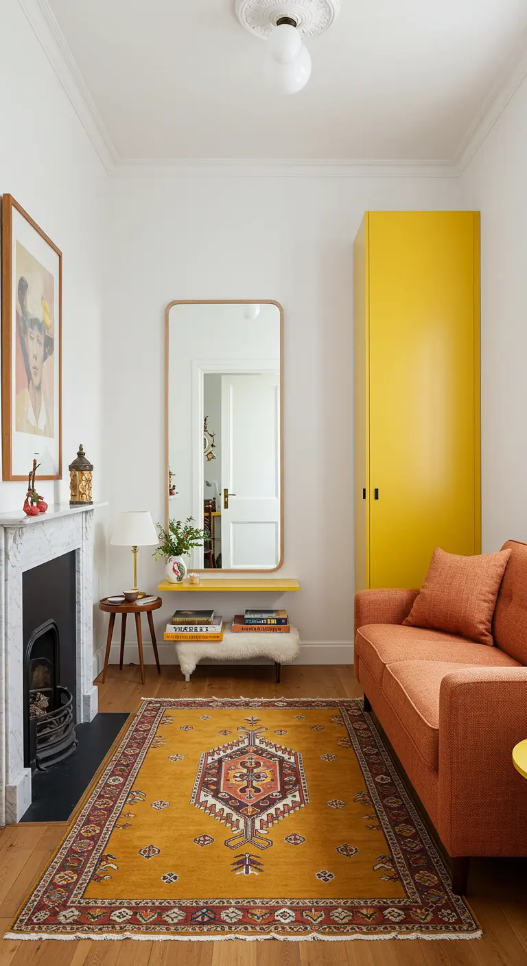 Eclectische woonkamer met een felgele kast, een terracotta bank en een Perzisch tapijt.