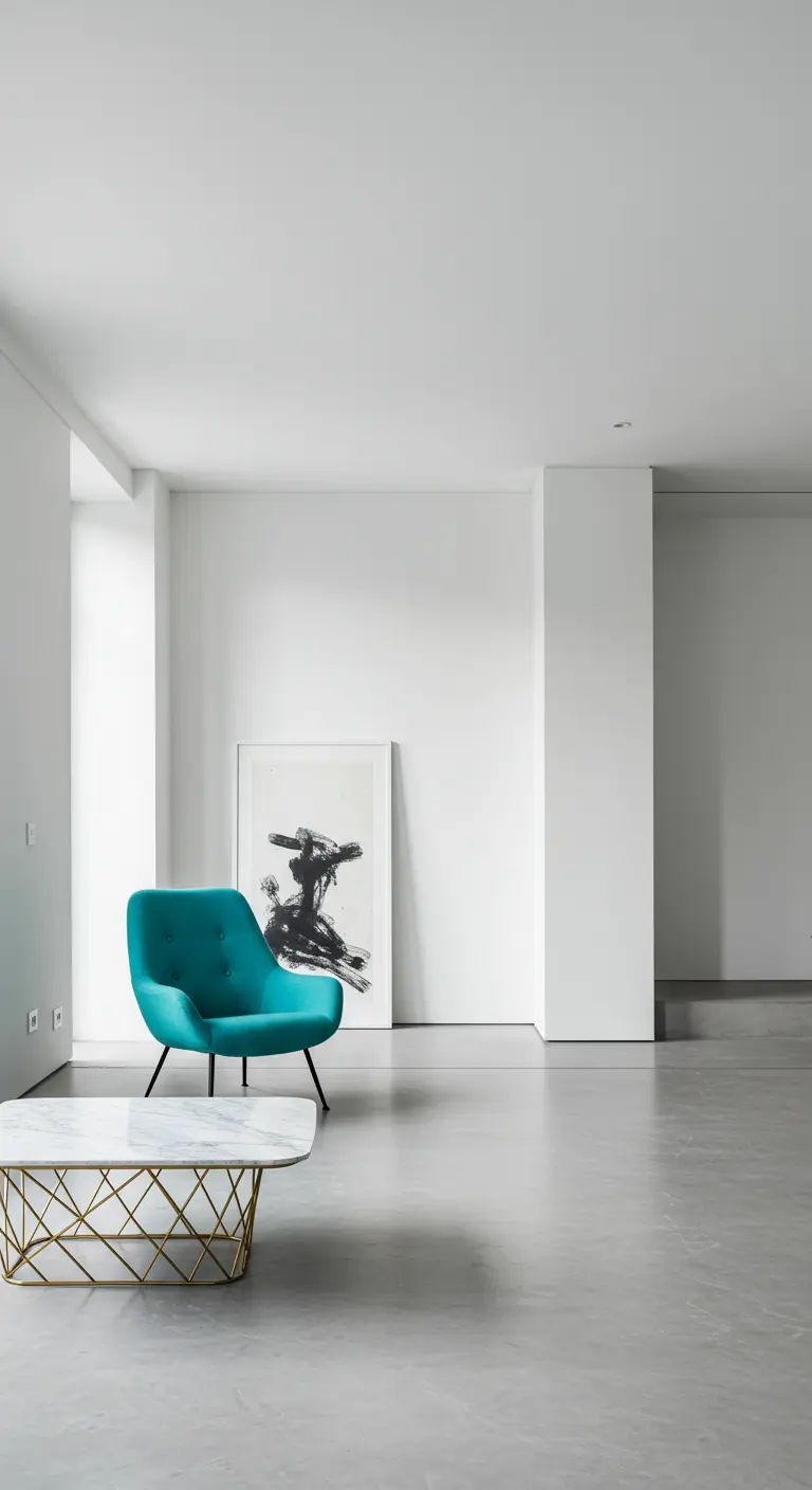 Minimalistische witte ruimte met een turquoise fauteuil en een salontafel met gouden onderstel.