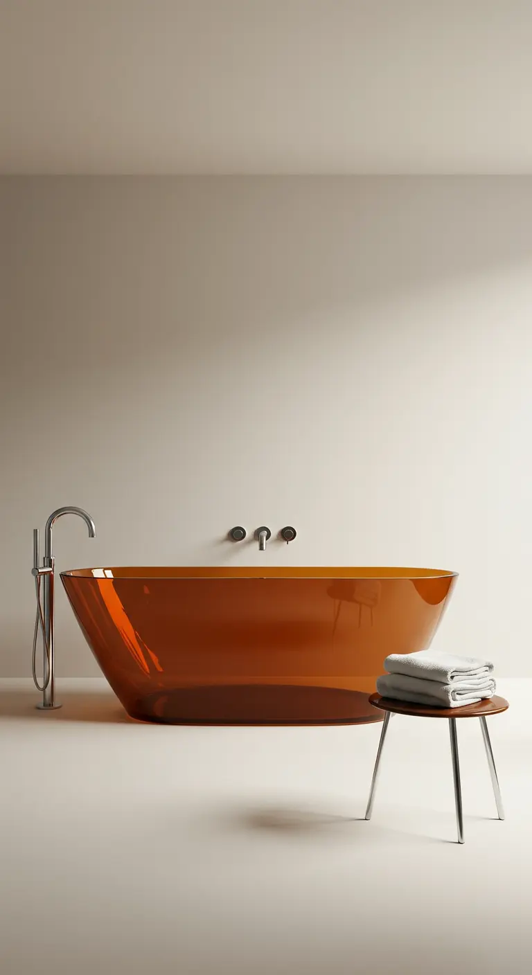 Minimalistische badkamer met een opvallend, vrijstaand bad van doorzichtig amberkleurig materiaal.