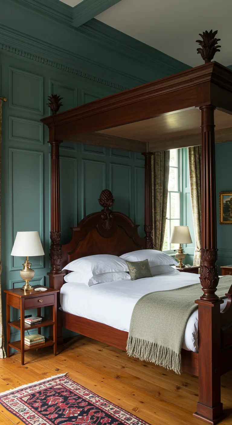 Slaapkamer met donkerhouten hemelbed en diepgroene wandpanelen.