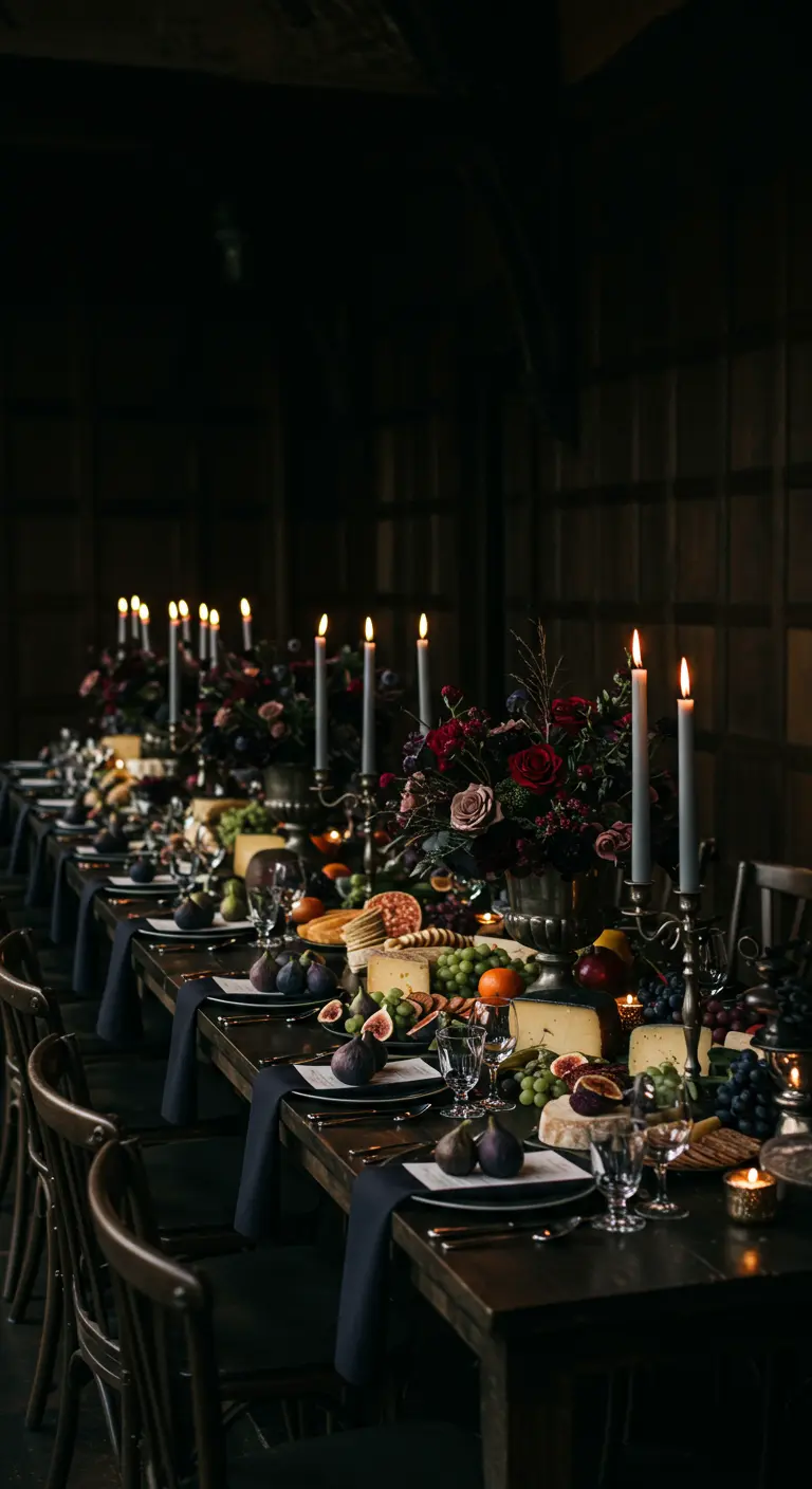 Donkere, sfeervolle dinertafel met kaarsen, donkere bloemen, fruit en kaas.