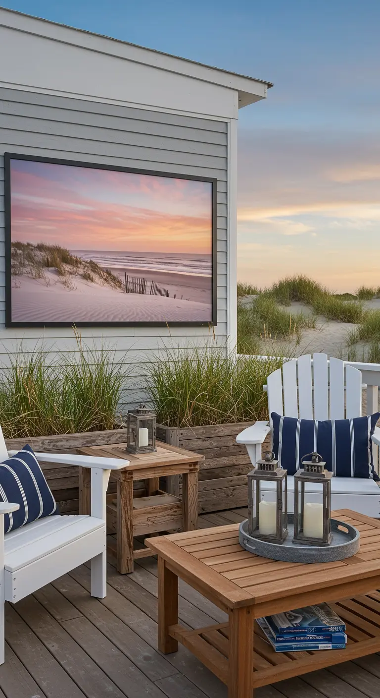 Terras in strandstijl met witte stoelen, blauwe kussens en een poster van een strand.