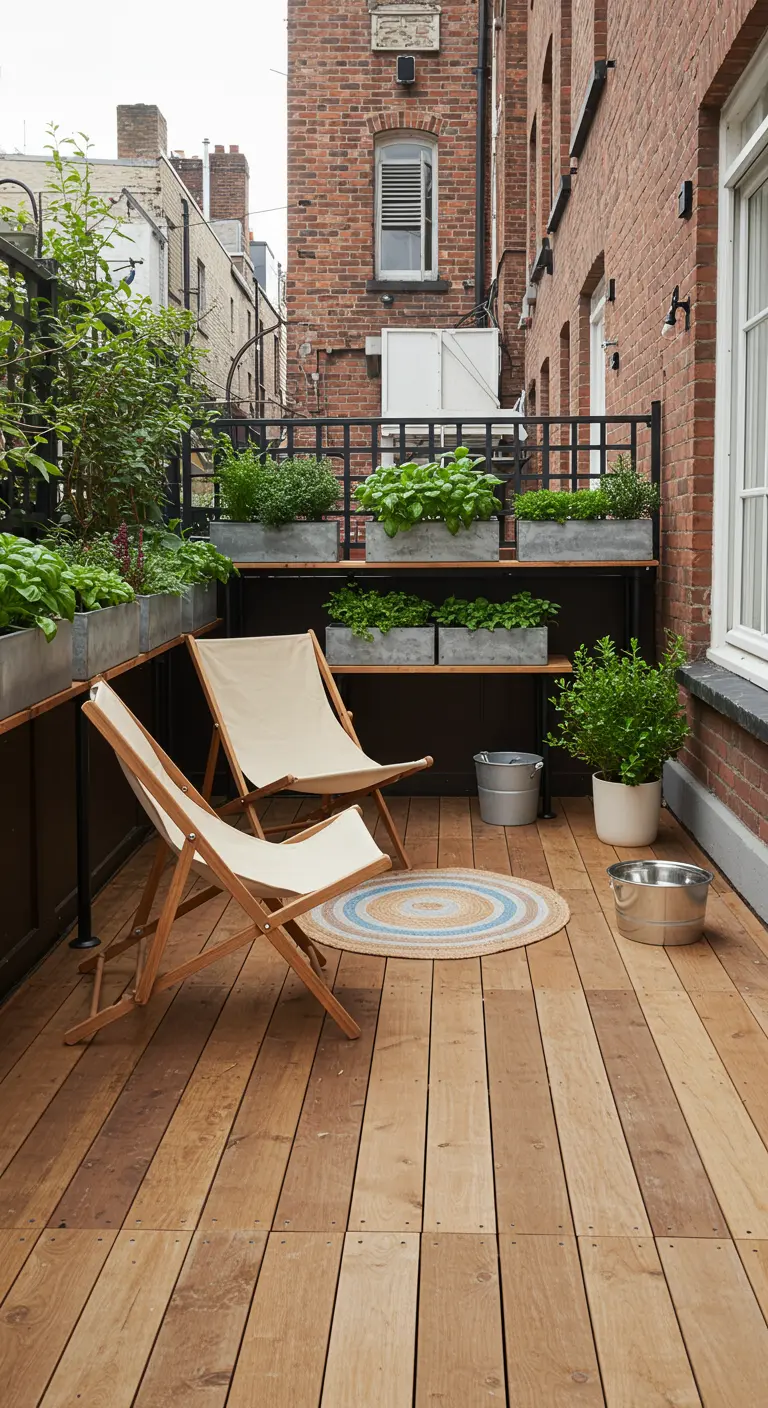 Houten balkon met canvas strandstoelen en een klein rond kleedje.