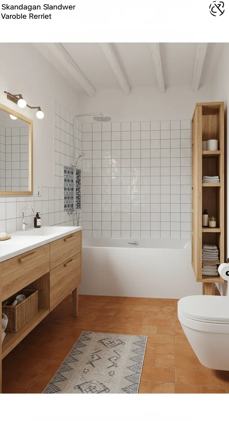 Witte badkamer met een verticale strook blauwe patroontegels als accent in de douche.