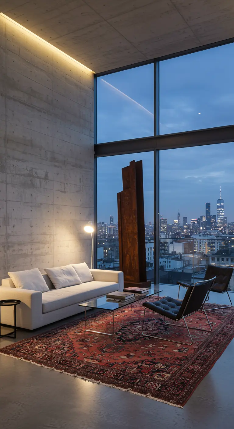 Minimalistische woonkamer met betonnen muren, enorm raam met stadszicht en een groot Perzisch tapijt.