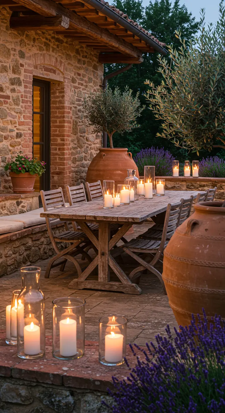 Rustieke houten eettafel met veel kaarsen op een Toscaans terras met lavendel.