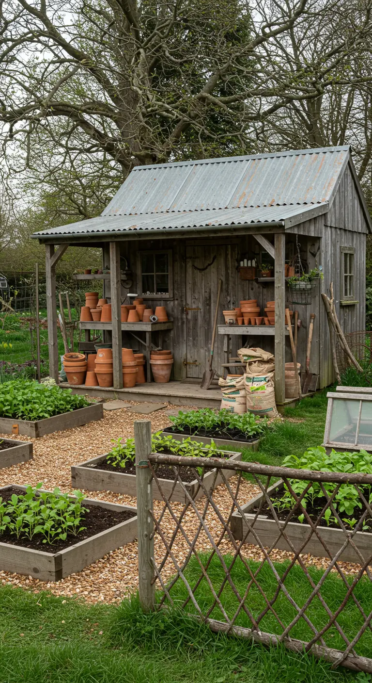 Rustiek houten tuinhuisje met een verzameling terracotta potten, naast een moestuin met een wilgenhek.