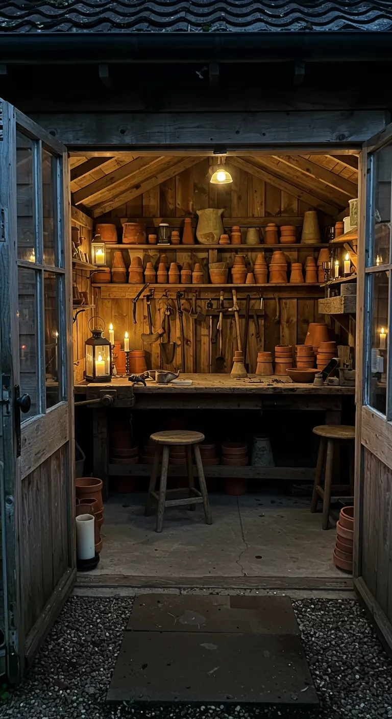 Sfeervol verlicht tuinschuurtje met een werkbank, gereedschap en veel terracotta potten.