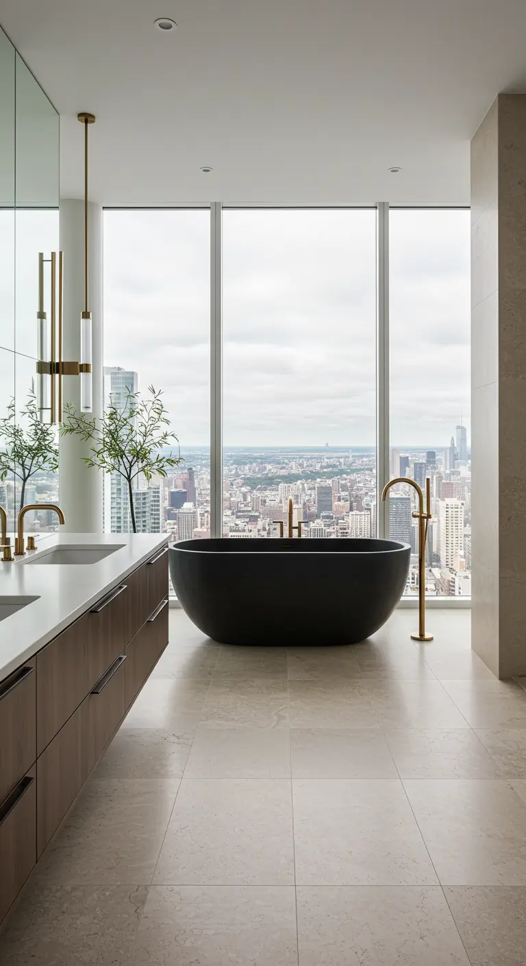 Moderne badkamer met een groot raam met stadszicht, een matzwart bad en een messing kraan.