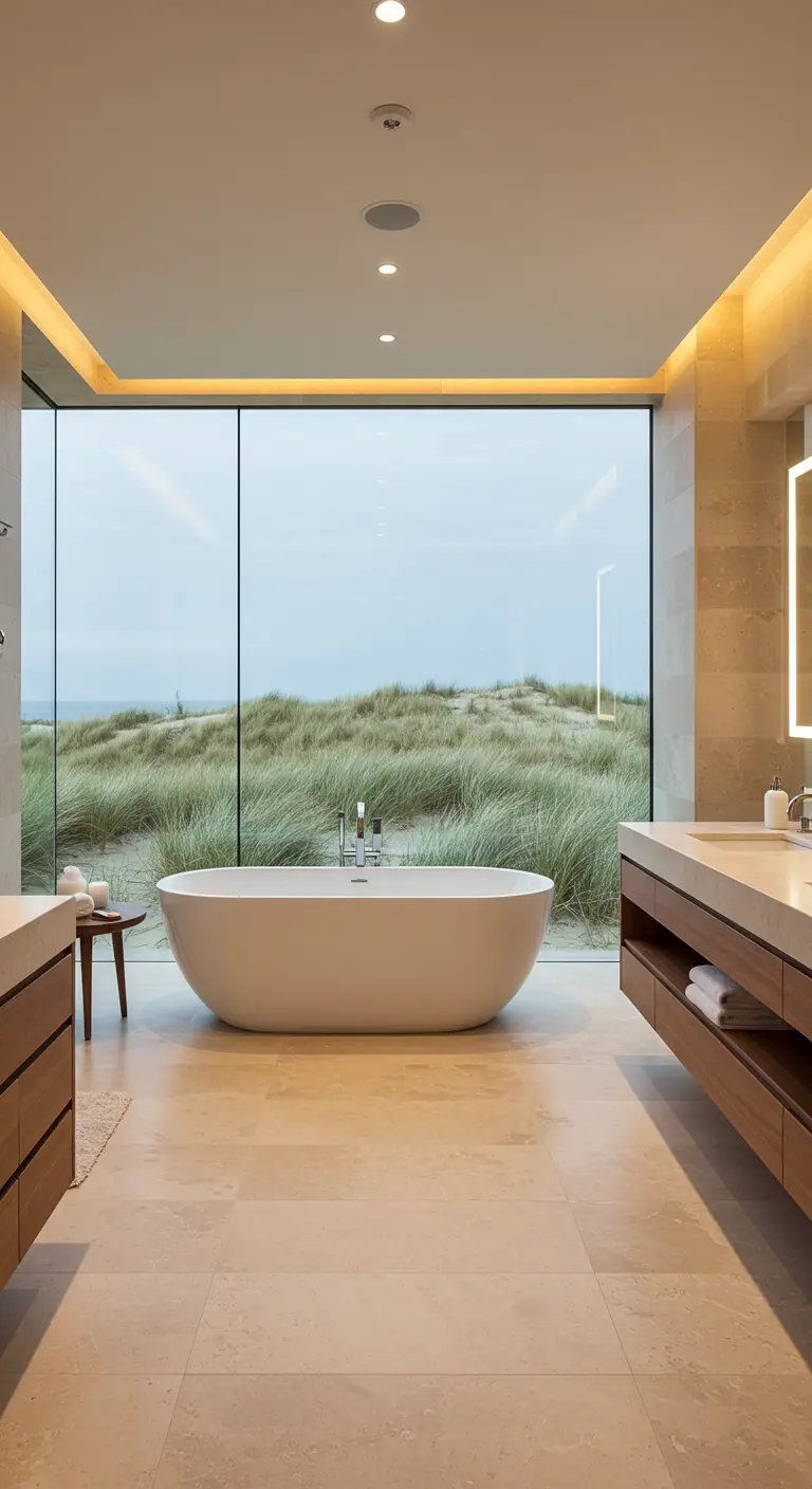 Luxe badkamer met een groot raam dat uitkijkt op een duinlandschap.