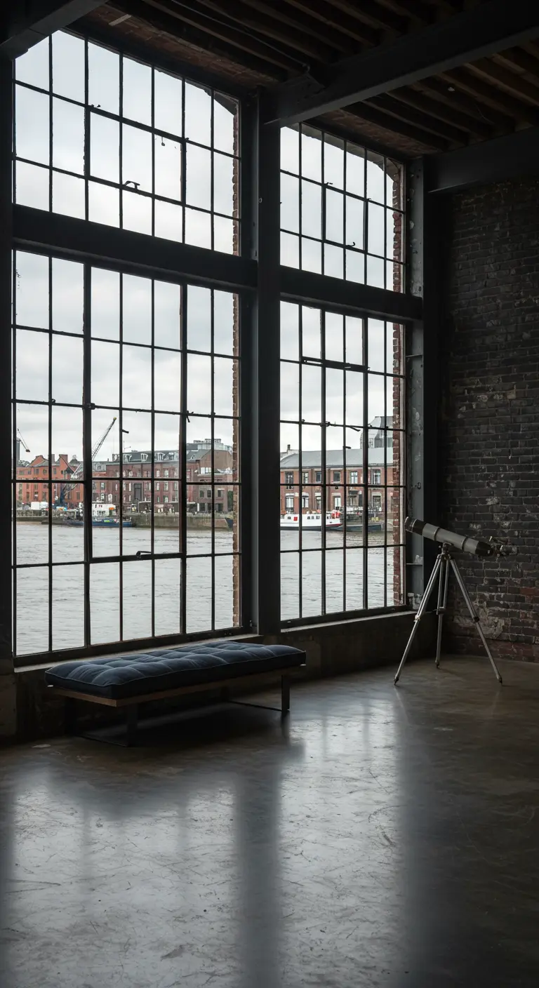 Minimalistische loft met een enorm raam dat uitkijkt over een rivier en de stad.