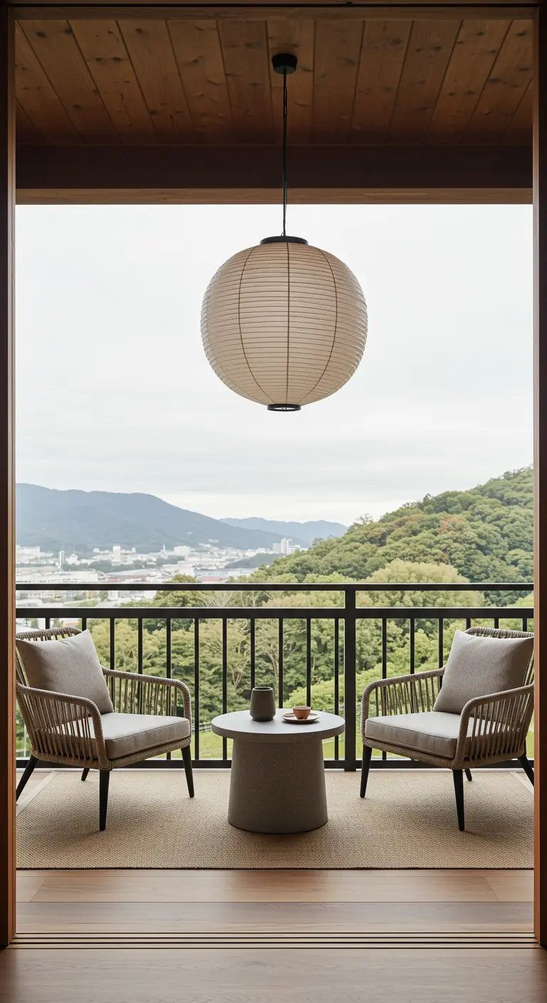 Balkon met twee stoelen en een tafel, gericht op een groen, heuvelachtig landschap.