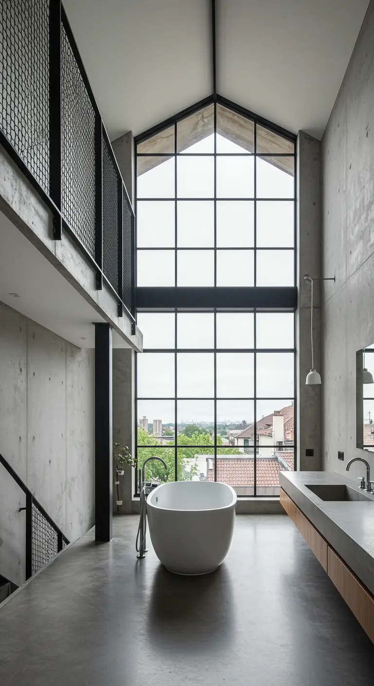 Ruime loft badkamer met betonnen muren en een vrijstaand bad voor een enorme stalen raampartij.