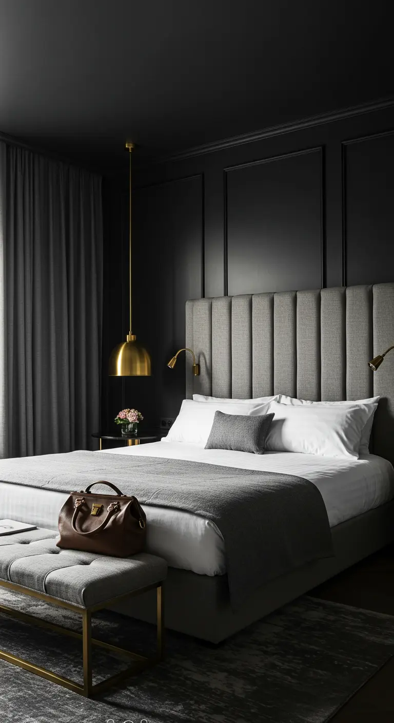 Chique hotelslaapkamer met een hoog grijs hoofdbord, zwarte muren en plafond, en gouden hanglampen.