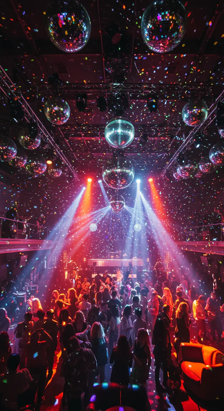 Drukke dansvloer met veel discoballen, gekleurd licht en neerdalende confetti.