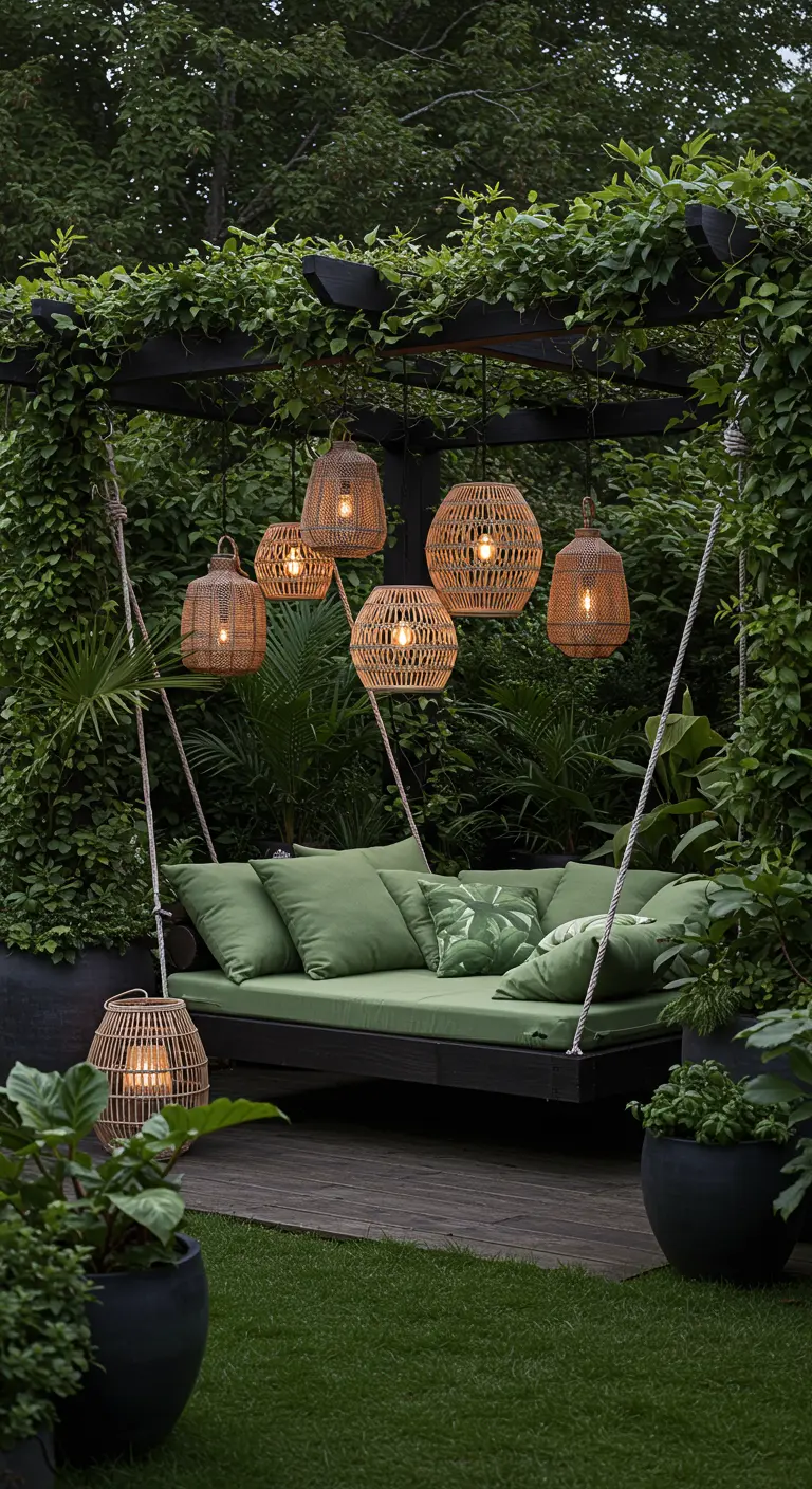 Grote zwarte hangende loungebank met groene kussens, omgeven door groen en hangende rotan lampen.