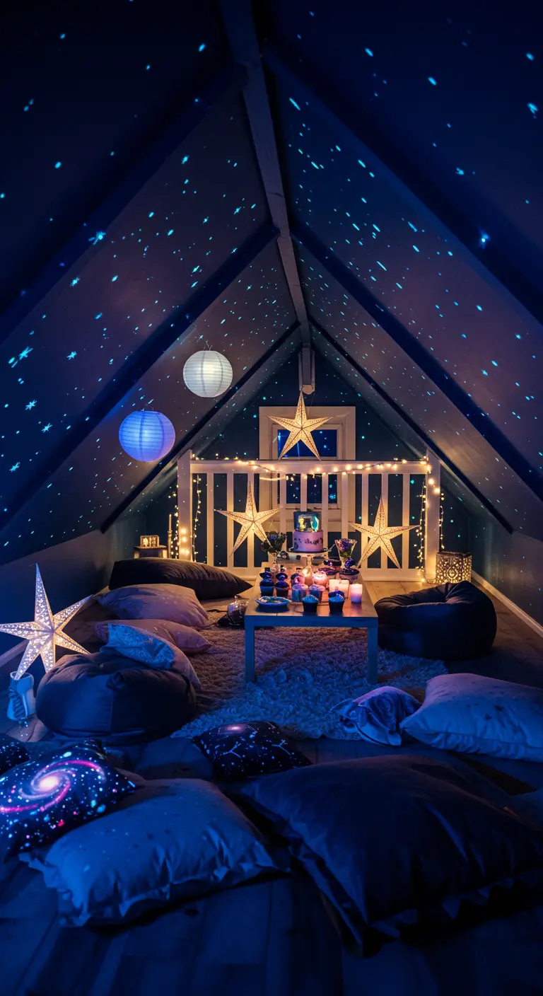 Donkere zolderkamer verlicht door een sterrenprojector, lichtslingers en papieren lampionnen.