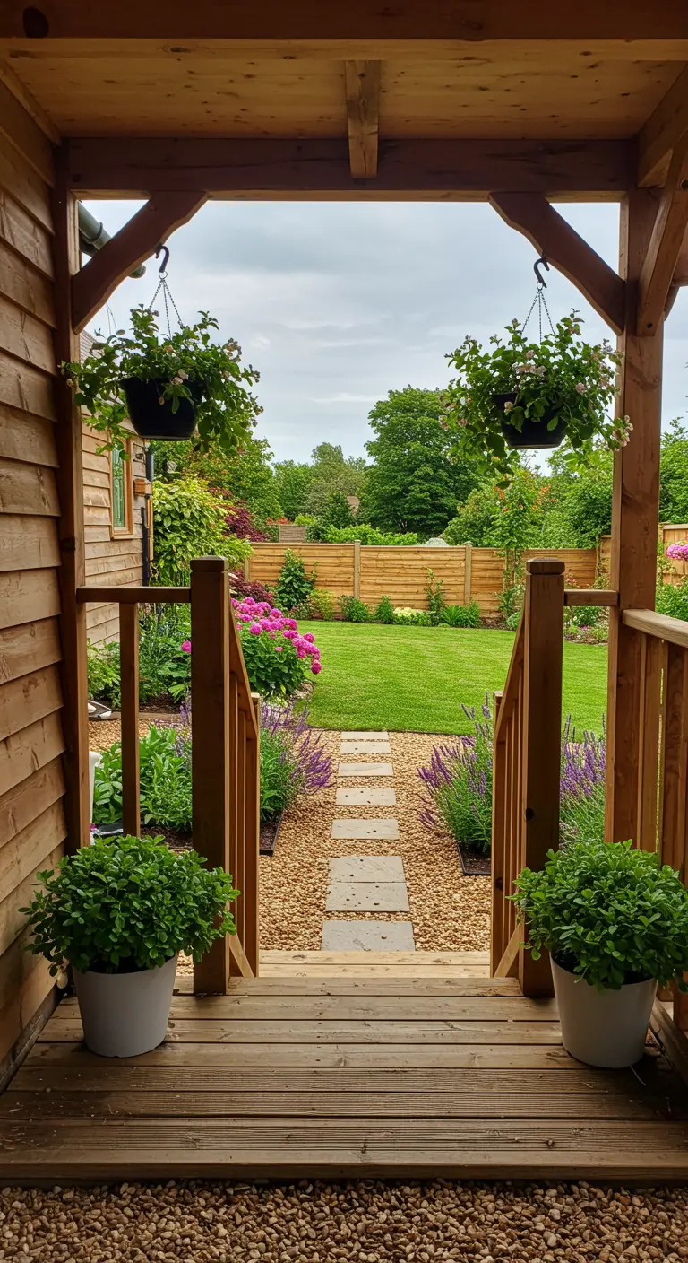 Uitzicht vanaf een houten veranda op een groene tuin met een pad van grind en stapstenen.