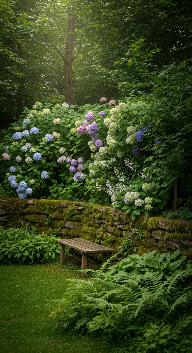 Oude, met mos begroeide stenen muur met een weelderige rand van hortensia's.
