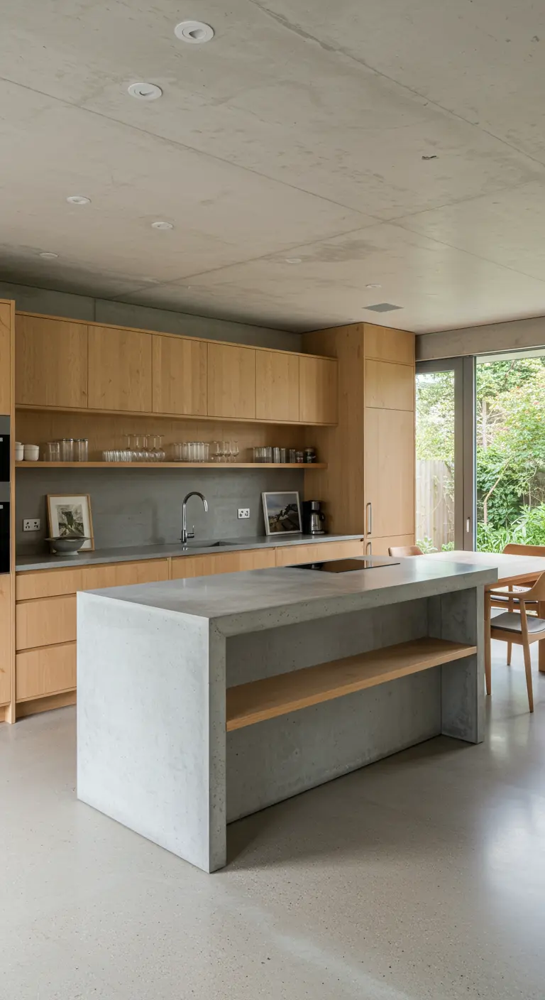 Minimalistisch betonnen kookeiland met een open houten schap in het midden.