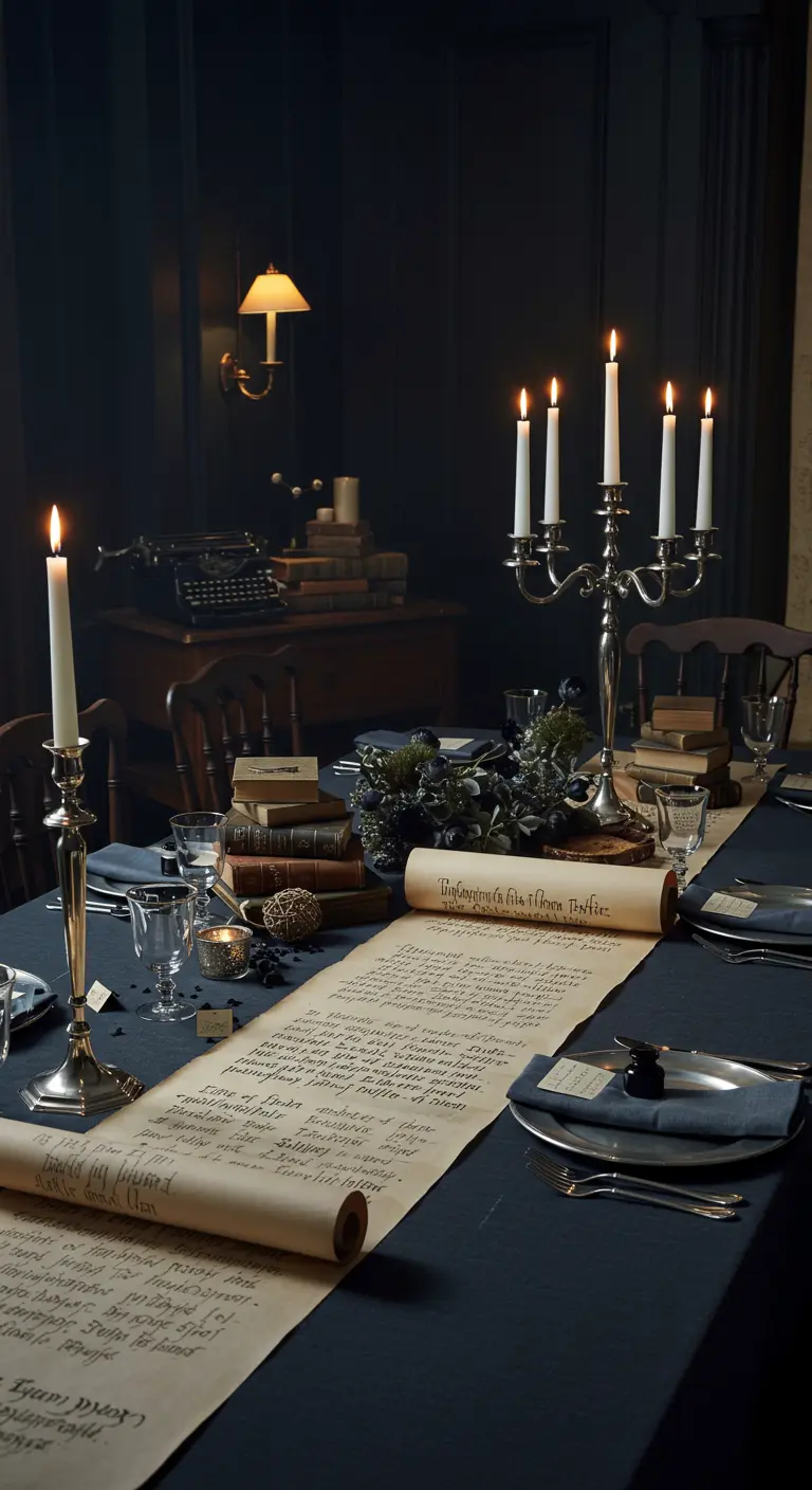 Donkere, sfeervolle tafel met een lange perkamentrol als loper, omringd door zilveren kandelaars.