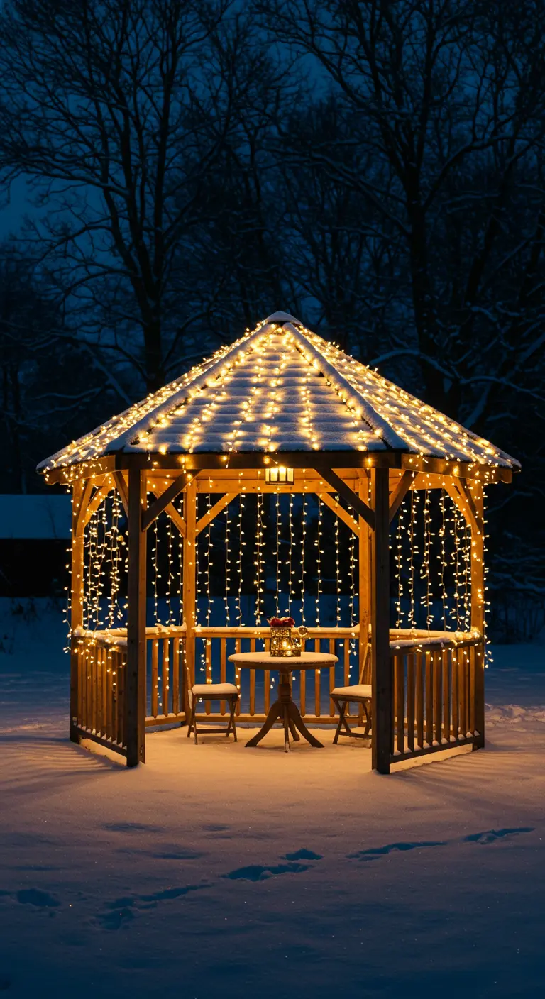 Houten tuinpaviljoen in de sneeuw, versierd met hangende ijspegelverlichting.