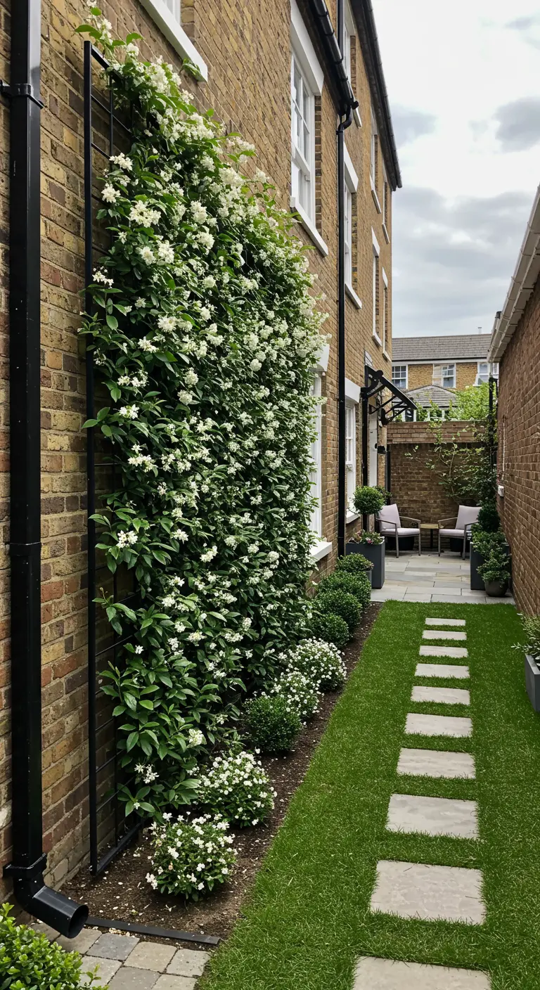 Smalle stadstuin met een zwart trellis vol witte bloemen, gemonteerd naast een regenpijp.
