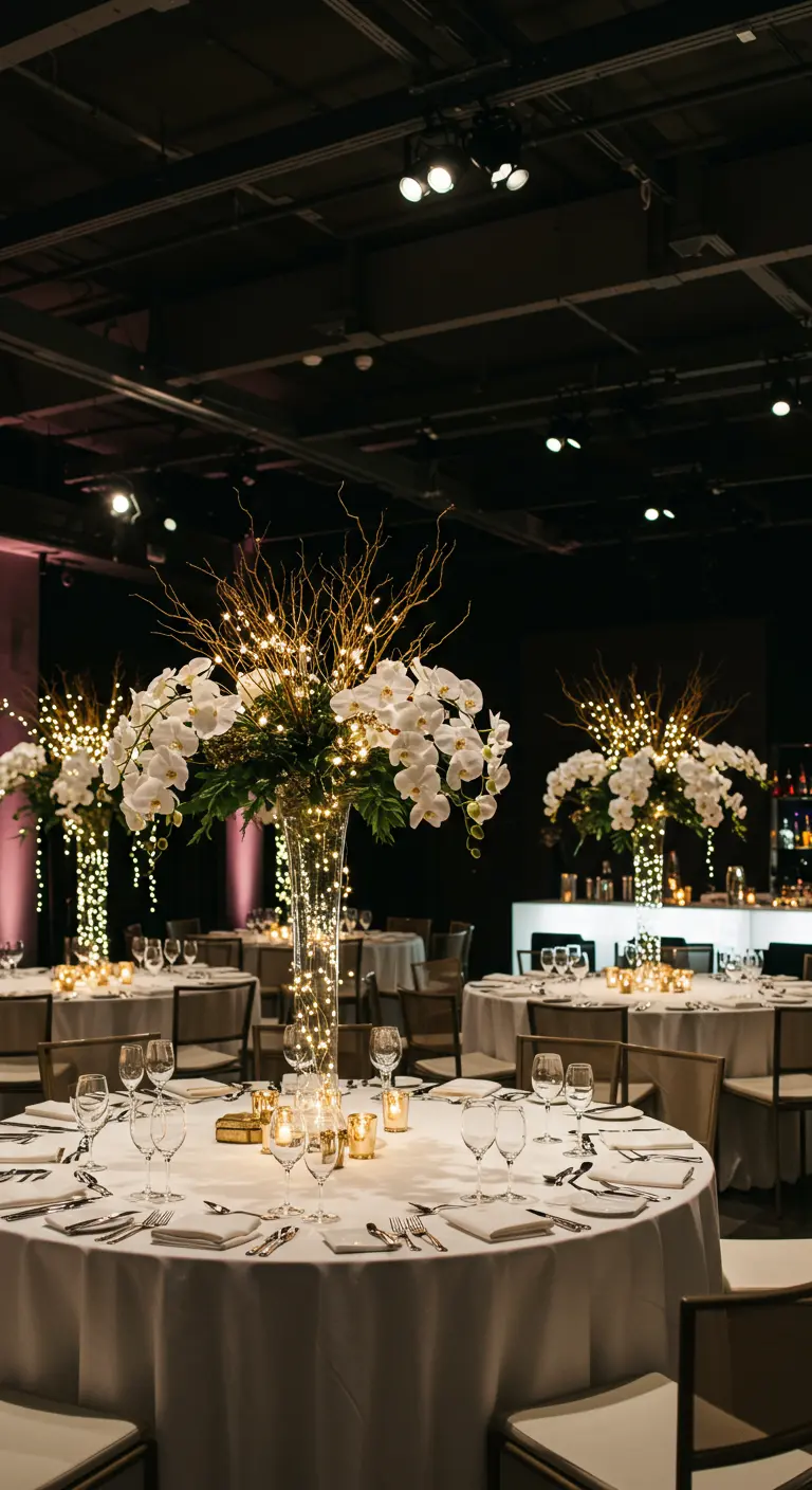 Hoge vaas met witte orchideeën en verlichte takken als centerpiece op een ronde feesttafel.