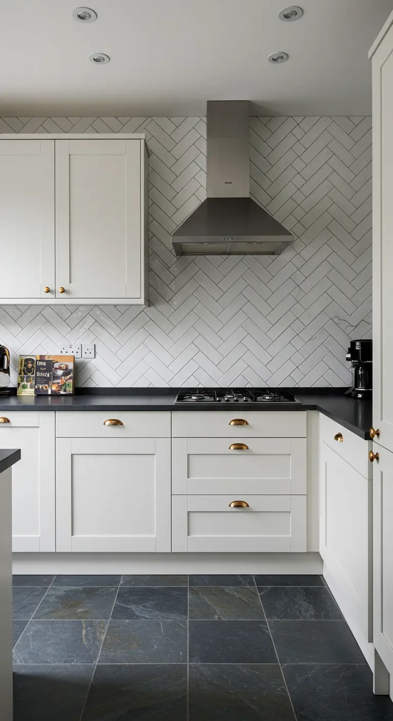Witte keuken met een achterwand van witte tegels in visgraatpatroon en een donkergrijze vloer.