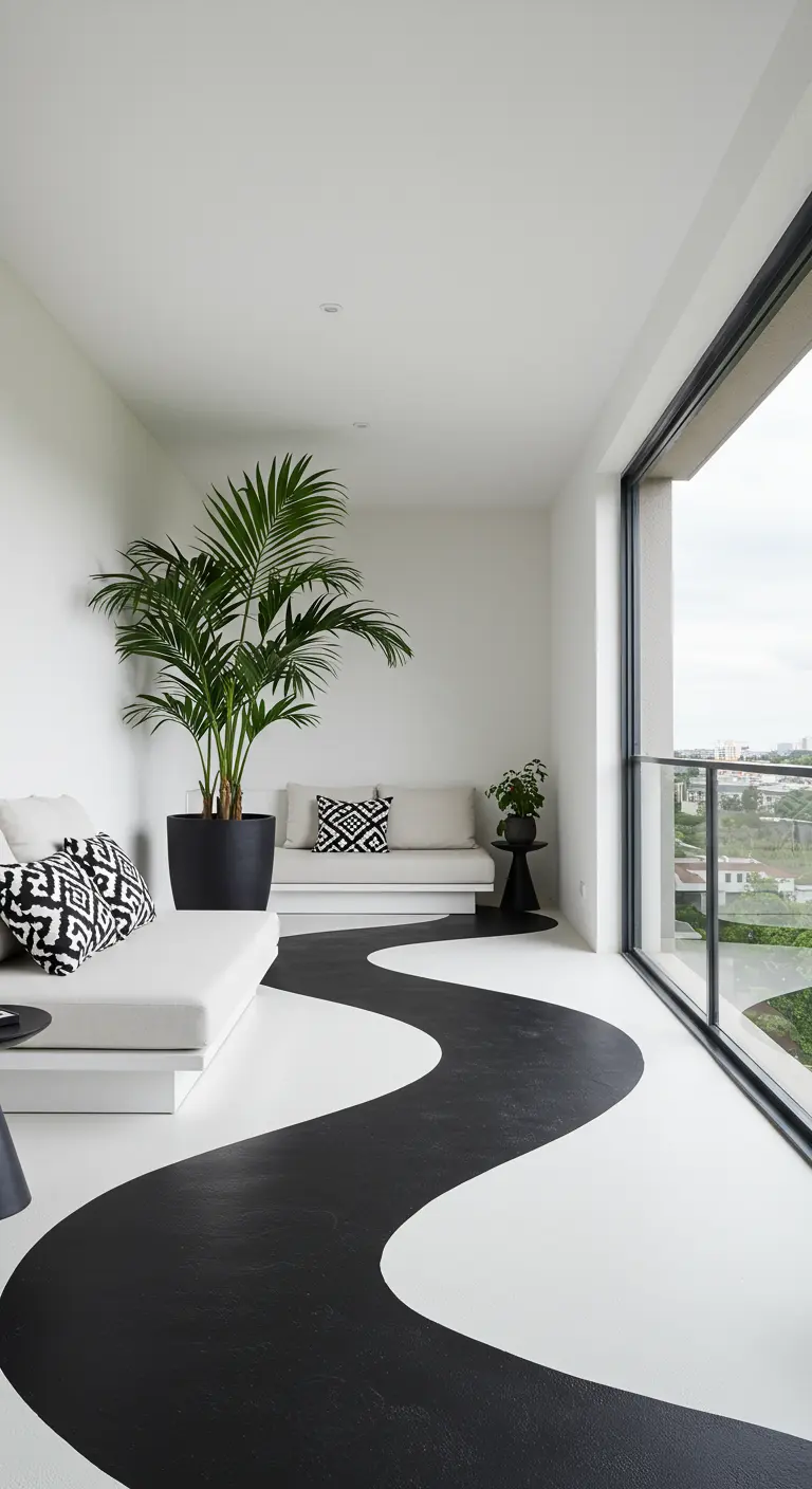 Lang, smal balkon met een witte vloer waarop een golvend zwart pad is geschilderd.