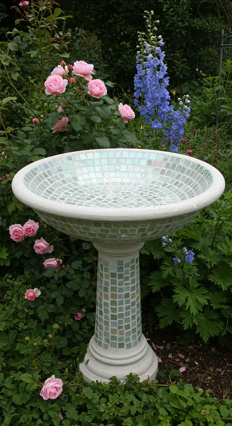 Betonnen vogelbad in een rozentuin, bekleed met glinsterende parelmoer mozaïektegeltjes.