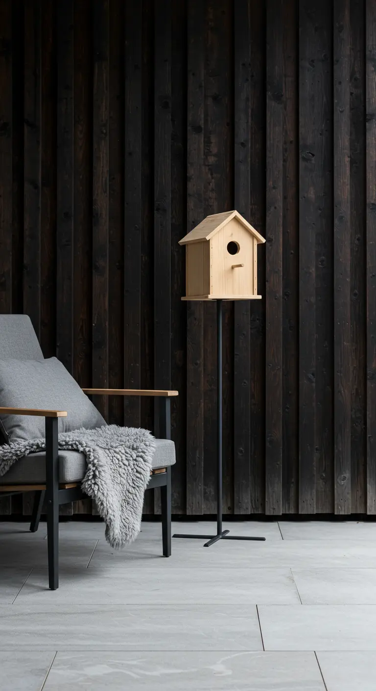 Minimalistisch houten vogelhuisje op een strakke zwarte standaard naast een stoel.