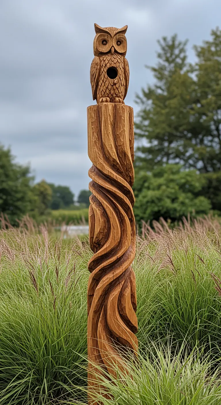 Houten uilensculptuur bovenop een sierlijk bewerkte totempaal, met een vogelhuis-ingang.