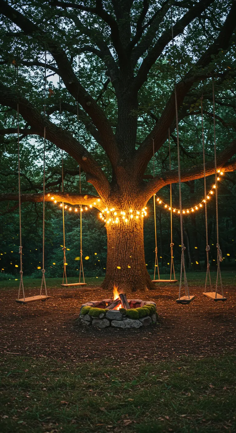 Meerdere houten schommels hangen aan een grote boom, versierd met lichtjes boven een vuurplaats.