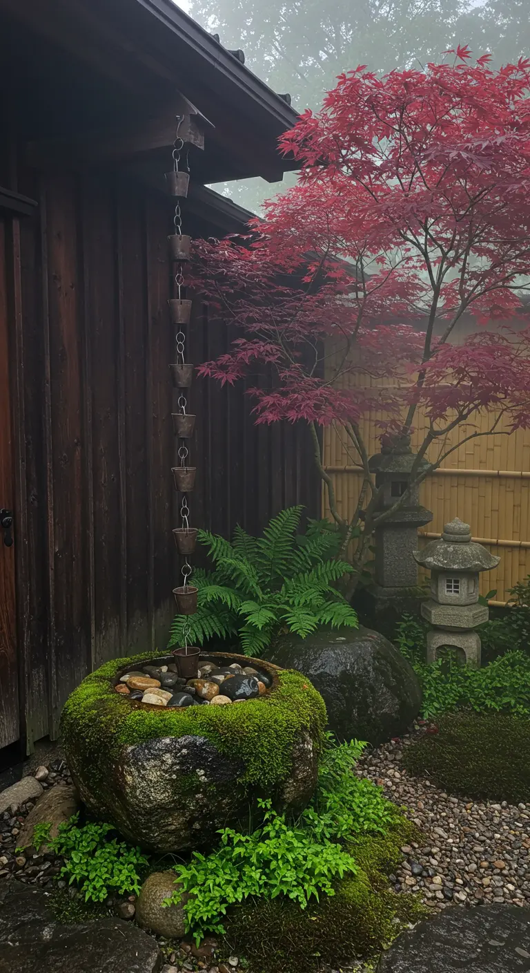 Japanse regenketting leidt water naar een mosbegroeide stenen kom naast een esdoorn.