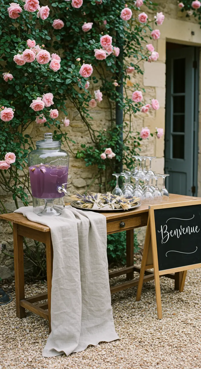Welkomsttafel met lavendellimonade, glazen en een krijtbord met 'Bienvenue'.