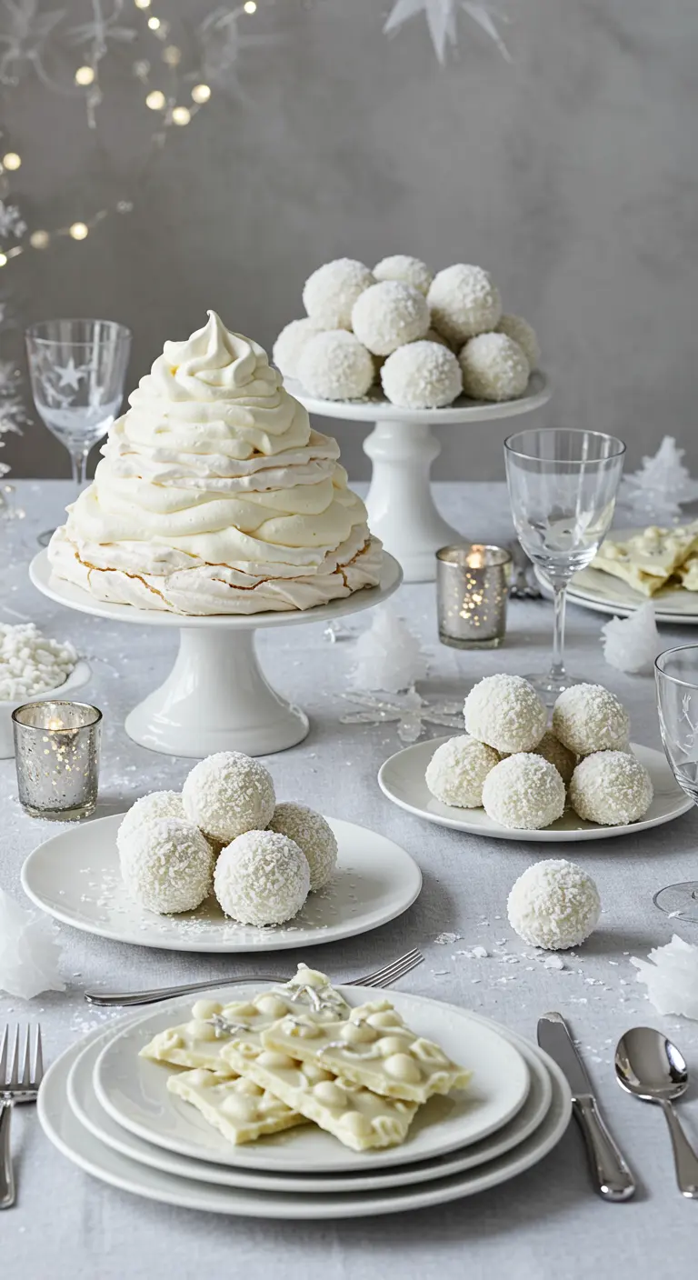 Sneeuwwit dessertbuffet met pavlova, kokosballen en witte chocolade op een feestelijke tafel.